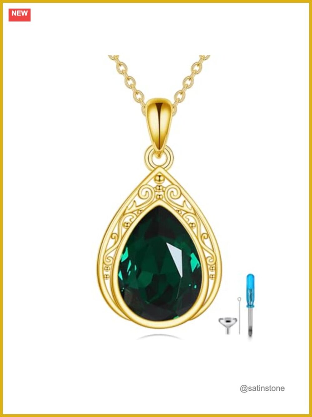 14K Gold Plated Teardrop Urn Necklace Birthstone Cremation Pendant Memorial
